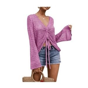 Hollow Out Lightweight Crochet Sweater Pink Knit Bell Sleeve Drawstring Front S